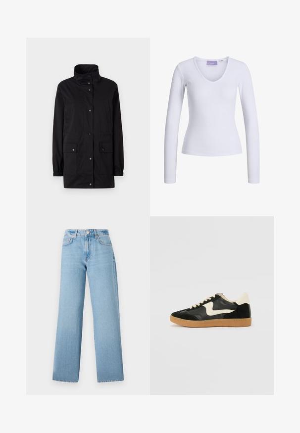 Chaqueta negra de longitud media con un alto cuello, puños elásticos, cierre frontal de botones y dos bolsillos laterales de parche. Tela suave y resistente al agua.; Camiseta blanca de manga larga con textura acanalada y diseño de escote en V. Etiqueta visible en el interior del cuello con el nombre de la marca "JJXX."; Jeans de pernera ancha de color azul claro, confeccionados en denim, con una cintura alta, diseño de cinco bolsillos y cierre de botón con cremallera.; Zapatillas de deporte de ante y cuero negro con un swoosh lateral en crema y un talón en crema claro. Presenta cordones beige y una suela de goma marrón.