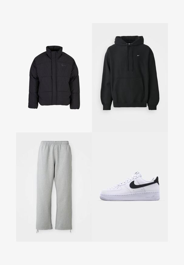 Schwarze Daunenjacke mit hohem Kragen, gestepptem Design und einem Frontreißverschluss. Sie verfügt über ein dezentes Logo auf der Brust und ist aus strukturiertem Stoff gefertigt.; Schwarzer Nike Hoodie mit frontale Taschen, Kordelzugkapuze, gerippten Bündchen und kleinem weißen Nike Swoosh-Logo auf der Brust.; Graue Sweatpants mit einem elastischen Bund, geraden Beinen und Kordelzug-Akzenten am Saum. Hergestellt aus weichem, strukturierter Stoff.; Weißes Leder-Sneaker mit einem strukturierten schwarzen Swoosh, flachen Schnürsenkeln und einer Gummisohle mit genoppetem Muster. "AIR" ist auf der Ferse eingeprägt.