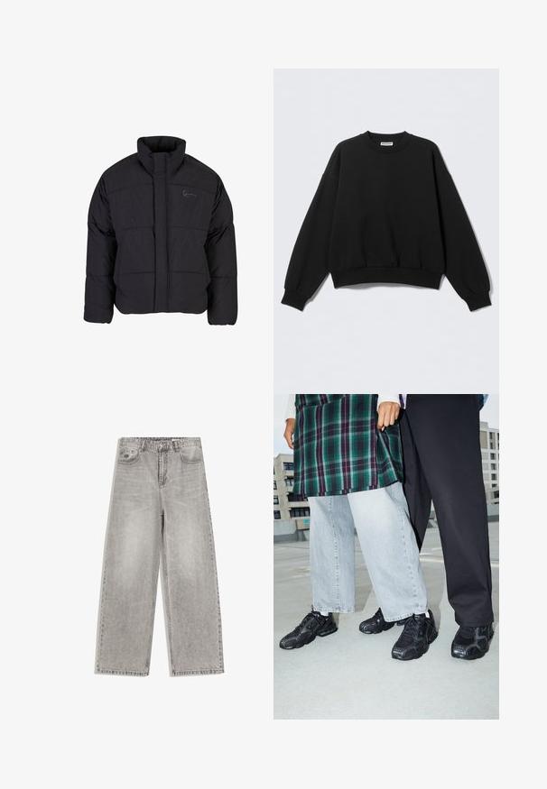 Sort polstret jakke med høj krave, quiltet design og lynlås foran. Har et diskret logo på brystet, lavet af tekstureret stof.; Sort sweatshirt med løs pasform, rund halsudskæring og lange, let puffede ærmer. Fremstillet af blødt stof med ribstrikkede manchetter og kant.; Grå vidde jeans med høj talje, knapper foran, bæltestropper og to forlommer på hvid baggrund.; Sorte atletik sko med mesh- og gummidetaljer. Båret med lysegrå vide jeans og en ternet grøn bluse. Flad overflade i baggrunden.