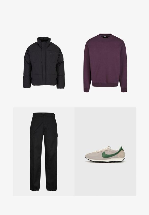 Sort polstret jakke med høj krave, quiltet design og lynlås foran. Har et diskret logo på brystet, lavet af tekstureret stof.; Urban Classics URBAN CLASSICS FLUFFY CREWNECK - Sweatshirt - plumpurple; Sorte cargo bukser med lige pasform, der har sidelommer, knaplukning og elastiske manchetter ved anklerne. Fremstillet af slidstærkt stof.; Beige løbesko med grønne ruskindsdetaljer, struktureret mesh-overdel, cremefarvede snørebånd og sort gummisål med trækkraftsstifter.