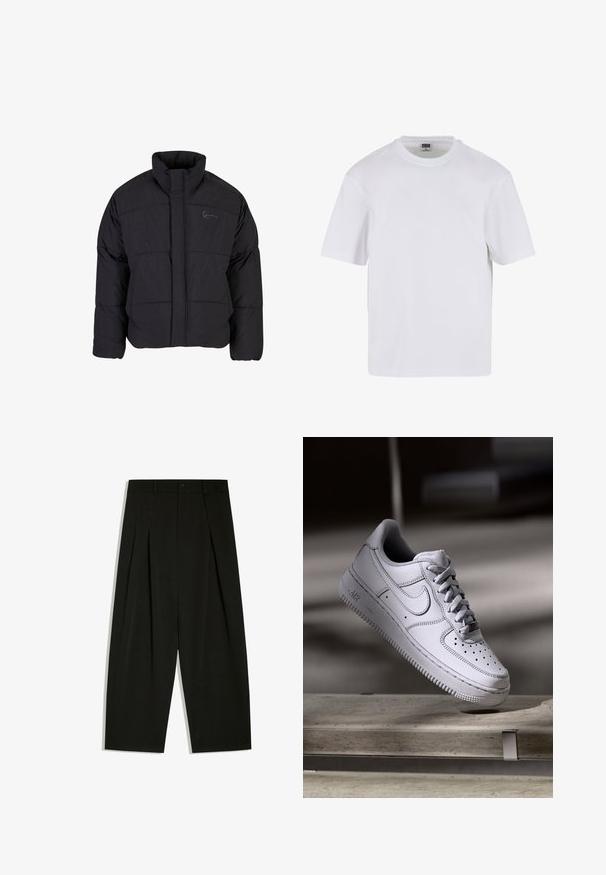 Schwarze Daunenjacke mit hohem Kragen, gestepptem Design und einem Frontreißverschluss. Sie verfügt über ein dezentes Logo auf der Brust und ist aus strukturiertem Stoff gefertigt.; Weißes T-Shirt mit kurzen Ärmeln aus Baumwolle. Besitzt einen Rundhalsausschnitt und eine lockere Passform. Glatte Textur, minimalistisches Design, ohne Muster oder Akzente.; Schwarze, weit geschnittene Hose mit Falten, Gürtelschlaufen und Knopfverschluss in der Taille.; Weißer Nike Air Force 1 Sneaker aus Leder mit perforierter Zehenpartie, flachen Schnürsenkeln und strukturierter Gummisohle mit "AIR"-Branding an der Seite.