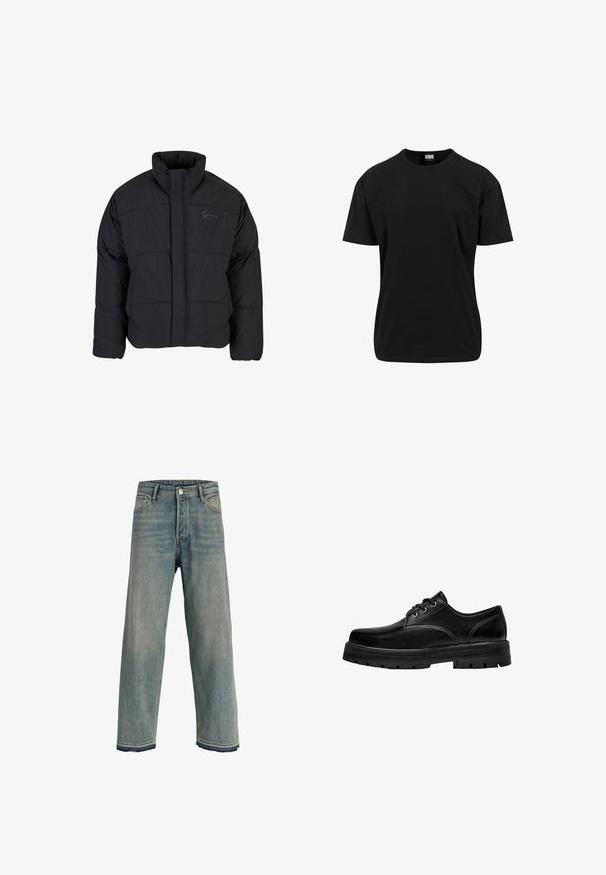 Schwarze Daunenjacke mit hohem Kragen, gestepptem Design und einem Frontreißverschluss. Sie verfügt über ein dezentes Logo auf der Brust und ist aus strukturiertem Stoff gefertigt.; Schwarzes kurzärmliges T-Shirt aus Baumwolle mit Rundhalsausschnitt und klassischer Passform, ohne sichtbare Muster oder Akzente.; Hellblaue Jeans mit geradem Bein und hoher Taille, Fünf-Taschen-Design, Knopf- und Reißverschluss sowie ausgefranste Säume mit dunkler Naht.; Schwarze Leder Schnürschuhe mit abgerundeter Spitze, strukturiertem Finish und dicker Gummisohle mit tiefen Rillen für besseren Grip.