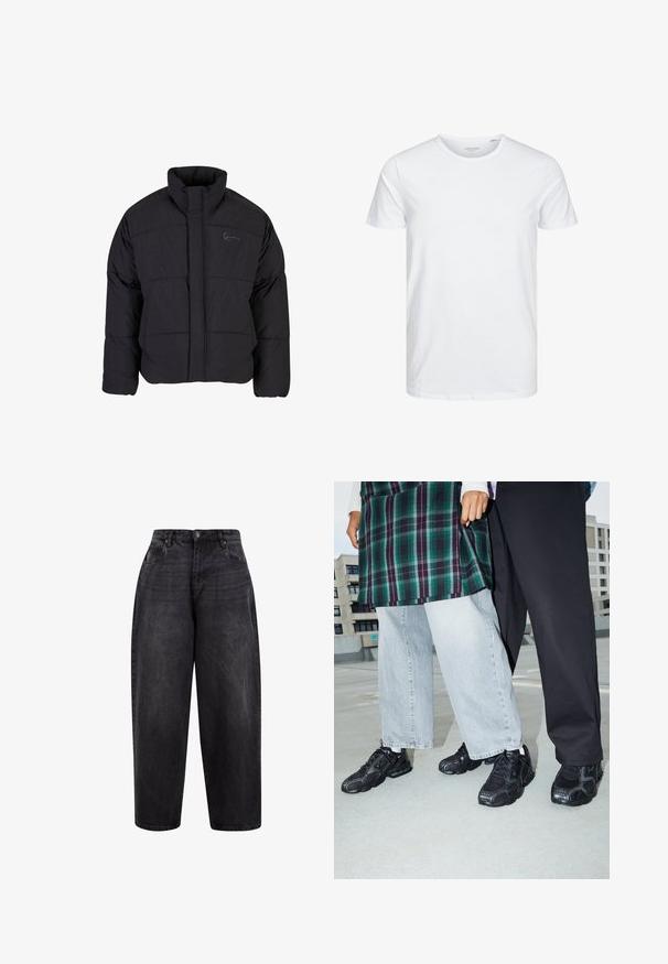 Schwarze Daunenjacke mit hohem Kragen, gestepptem Design und einem Frontreißverschluss. Sie verfügt über ein dezentes Logo auf der Brust und ist aus strukturiertem Stoff gefertigt.; Rundhals-T-Shirt mit kurzen Ärmeln in reinem Weiß, aus weicher Baumwolle, mit einem schlichten Design ohne sichtbare Muster oder Akzente.; Schwarze Denim-Jeans mit weitem Bein und hohem Bund, ausgestattet mit einem Knopfverschluss, Fronttaschen und einer leicht gewaschenen Textur für einen lässigen Look.; Schwarze Sportschuhe mit Mesh- und Gummielementen. Kombiniert mit hellgrauen weiten Jeans und einem karierten grünen Oberteil. Flacher Hintergrund.