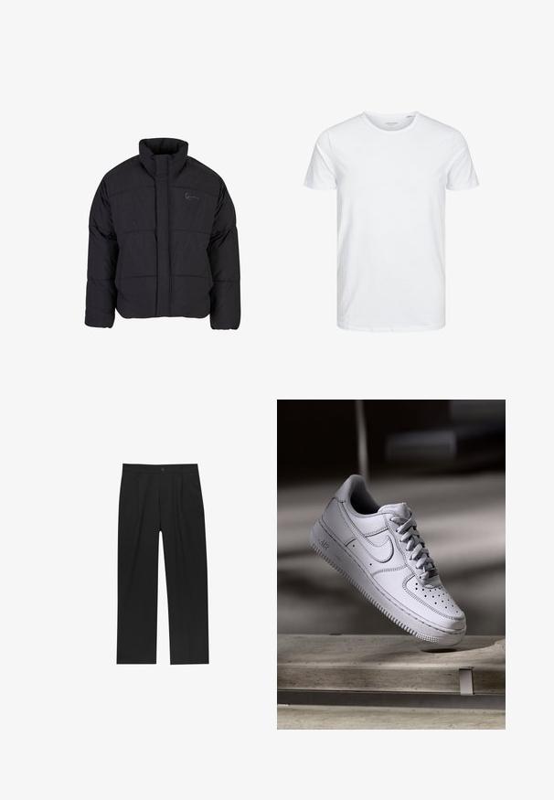 Schwarze Daunenjacke mit hohem Kragen, gestepptem Design und einem Frontreißverschluss. Sie verfügt über ein dezentes Logo auf der Brust und ist aus strukturiertem Stoff gefertigt.; Rundhals-T-Shirt mit kurzen Ärmeln in reinem Weiß, aus weicher Baumwolle, mit einem schlichten Design ohne sichtbare Muster oder Akzente.; Schwarze Hose mit geradem Schnitt, aus einem glatten Stoff gefertigt. Verfügt über Vorderfalten und einen einzelnen Knopfverschluss an der Taille.; Weißer Nike Air Force 1 Sneaker aus Leder mit perforierter Zehenpartie, flachen Schnürsenkeln und strukturierter Gummisohle mit "AIR"-Branding an der Seite.