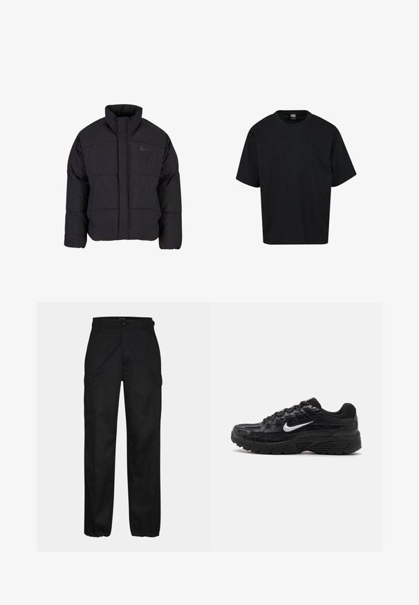 Schwarze Daunenjacke mit hohem Kragen, gestepptem Design und einem Frontreißverschluss. Sie verfügt über ein dezentes Logo auf der Brust und ist aus strukturiertem Stoff gefertigt.; Schwarzes kurzärmeliges T-Shirt aus Baumwolle mit Rundhalsausschnitt und lockerer Passform. Keine Muster oder auffälligen Akzente.; Schwarze Cargo-Hosen mit geradem Schnitt, ausgestattet mit Seitentaschen, einem Knopfverschluss und elastischen Bündchen an den Knöcheln. Hergestellt aus strapazierfähigem Material.; Schwarze Sportschuhe mit einem strukturierten Mesh-Obermaterial und Gummisohle. Ikonisches weißes Swoosh-Logo an der Seite, mit Schnürdesign.