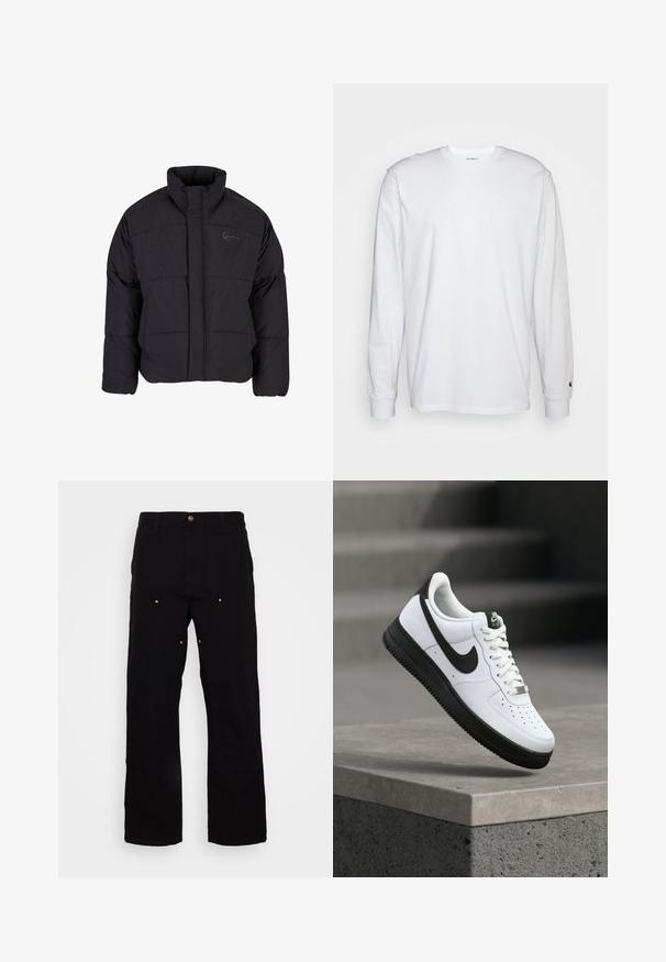 Sort polstret jakke med høj krave, quiltet design og lynlås foran. Har et diskret logo på brystet, lavet af tekstureret stof.; Hvid langærmet T-shirt lavet af bomuld. Rund halsudskæring med ribbede manchetter og et lille logo på venstre ærme. Glat tekstur.; Sorte denimbukser med lige ben, udstyret med guld hardware-detaljer og synlige syninger på for- og baglommer.; Hvid lædersneaker med sorte detaljer, rundet tå og perforerede detaljer. Sort gummisål med tekstureret mønster og snørelukning.