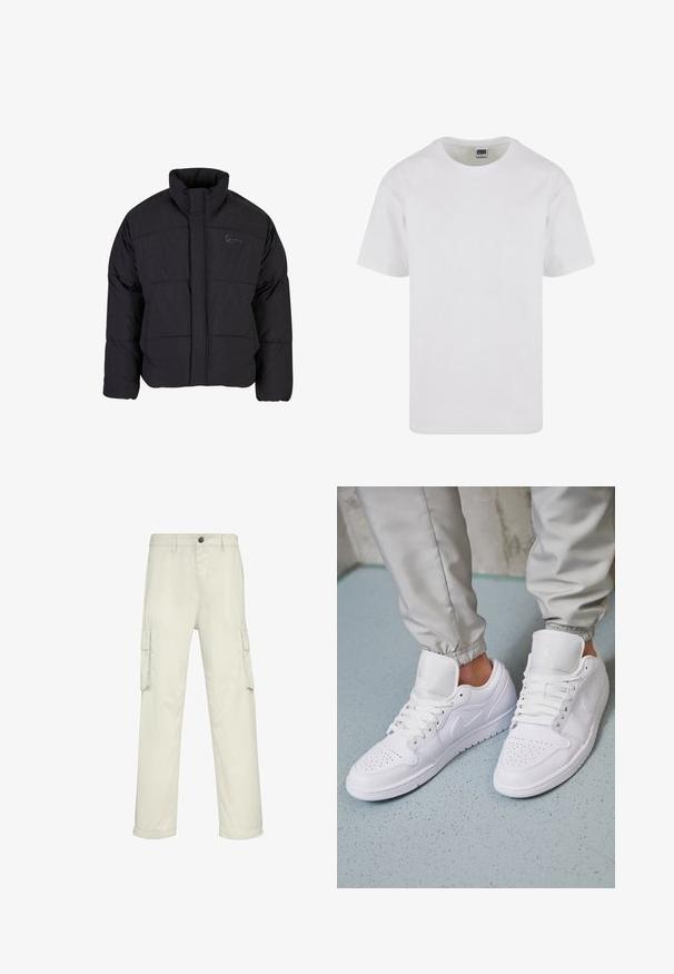 Schwarze Daunenjacke mit hohem Kragen, gestepptem Design und einem Frontreißverschluss. Sie verfügt über ein dezentes Logo auf der Brust und ist aus strukturiertem Stoff gefertigt.; Weißes Rundhals-T-Shirt aus weicher Baumwolle mit kurzen Ärmeln und geradem Saum. Einfaches, unaufgeregtes Design in einfarbiger Ausführung.; Beige Cargo-Hosen aus einem Baumwollgemisch, mit sechs Taschen, geraden Beinen und einem Knopfverschluss am Bund.; Weiße Ledersneaker mit perforierter Zehenbox, flachen Schnürsenkeln, gepolstertem Kragen und dem Jordan-Logo auf der Zunge. Getragen mit grauen Jogginghosen.