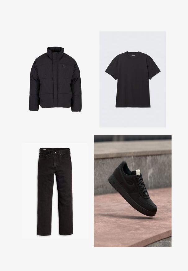 Sort polstret jakke med høj krave, quiltet design og lynlås foran. Har et diskret logo på brystet, lavet af tekstureret stof.; Sort kortærmet t-shirt lavet af bomuld. Har en rund halsudskæring og en afslappet pasform. Enkel design uden synlige mønstre eller accenter.; Sorte lige bukser i denim med fem lommer, knaplukning og bæltestropper, lagt fladt ud på en hvid baggrund.; Sort Nike Air Force 1 sneaker, der svæver over en lyserød betonforkant med en grå stenet baggrund, som viser sidde- og topdetaljer.