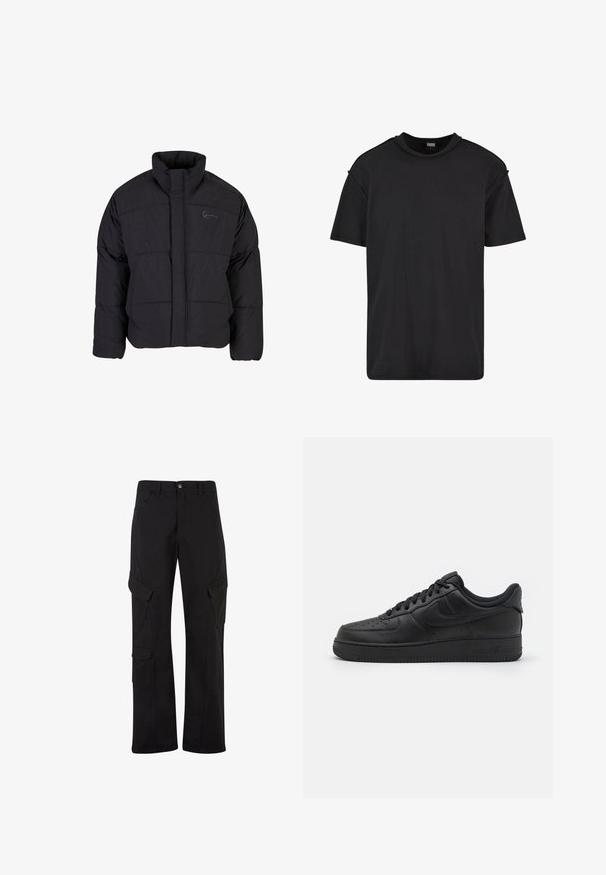 Sort polstret jakke med høj krave, quiltet design og lynlås foran. Har et diskret logo på brystet, lavet af tekstureret stof.; Sort kortærmet t-shirt lavet af bomuld, med rund hals, afslappet pasform og minimalistiske syninger på skuldrene.; Sorte bomulds cargo bukser med lige ben-design, der har flere sidelommer og en knaplukning i taljen.; Nike Sportswear AIR FORCE 1 07 FLYEASE - Sneakers - black