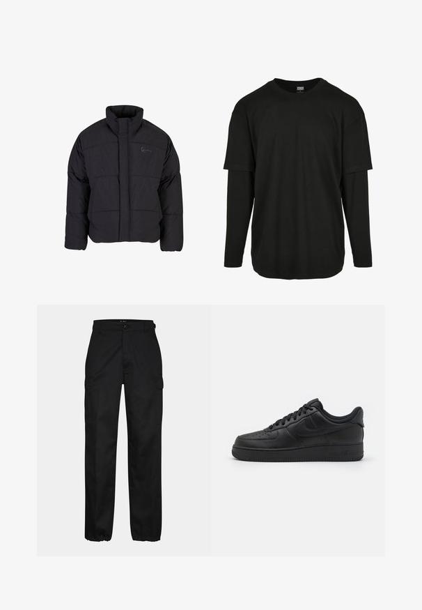 Chaqueta de plumas negra con cuello alto, diseño acolchado y cremallera frontal. Presenta un logo sutil en el pecho, confeccionada con tela texturizada.; Urban Classics OVERSIZED SHAPED DOUBLE LAYER LS TEE - Camiseta de manga larga - black/black; Pantalones cargo negros con corte recto, con bolsillos laterales, cierre de botón y puños elásticos en los tobillos. Fabricados con material resistente.; Nike Sportswear AIR FORCE 1 07 FLYEASE - Zapatillas - black