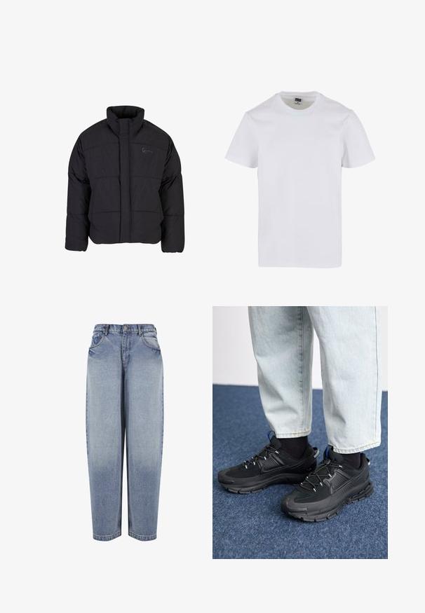 Schwarze Daunenjacke mit hohem Kragen, gestepptem Design und einem Frontreißverschluss. Sie verfügt über ein dezentes Logo auf der Brust und ist aus strukturiertem Stoff gefertigt.; Weißes Baumwoll-T-Shirt mit rundem Ausschnitt, kurzen Ärmeln und lockerer Passform. Glatte Textur ohne sichtbare Muster oder Akzente.; High-waisted, locker sitzende blaue Jeans mit Vordertaschen, Gürtelschlaufen, Knopfverschluss und ausgebleichten Details entlang der Beine.; Schwarze Sportschuhe aus strukturiertem Stoff mit Gummisohlen, ausgestattet mit elastischen Schnürsenkeln und einem blauen Akzent an der Ferse. Getragen mit hellen Jeans.