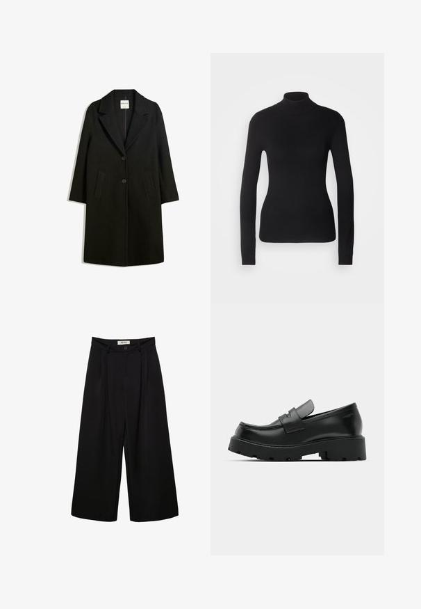 Sort frakke med reverskrave, to forlommer og knaplukning. Fremstillet af blødt stof, med en lige silhuet og knælangt design.; Sort turtleneck sweater lavet af let strikket stof. Har lange ærmer, et tætsiddende design og en blød ribbet tekstur.; Sorte bukser med vide ben og høj talje, med forreste læg, to sidelommer og knaplukning. Glat stoftekstur.; Sorte læder loafers med en chunky tekstureret sål, der har en rem over vamps og en glat, poleret finish.