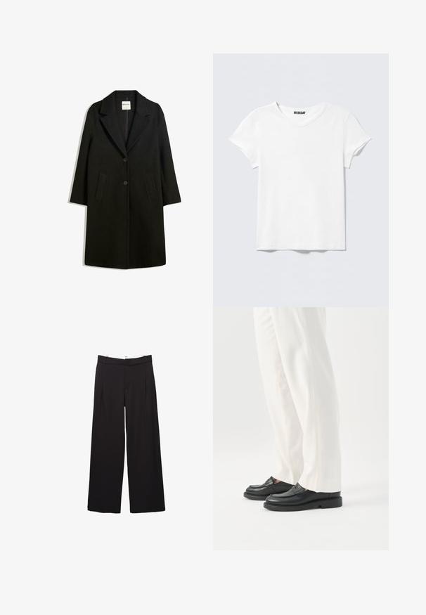 Zwarte jas met een omslagkraag, twee voorzakken en knoopsluiting. Gemaakt van zachte stof, met een rechte snit en een ontwerp tot op de knie.; Effen wit T-shirt met korte mouwen en V-hals, met een klein "WEEKDAY" label aan de binnenkant van de kraag, getoond op een lichtgrijze achtergrond.; Zwarte broek met wijde pijpen, voorplooien en riemlussen, getailleerde pasvorm, taille op middenhoogte en een verborgen sluiting aan de voorkant.; Persoon draagt witte op maat gemaakte broek en zwarte leren loafers, staand op een witte achtergrond.