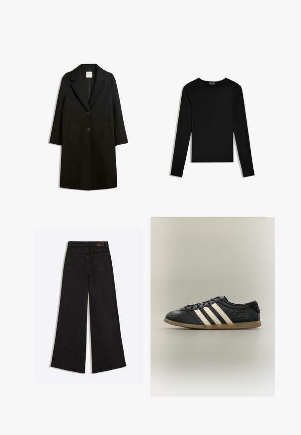 Manteau noir avec un col cranté, deux poches avant et fermeture à bouton. Fabriqué en tissu doux, présentant une silhouette droite et une longueur au genou.; T-shirt noir à manches longues avec col rond, design épuré, posé à plat sur un fond blanc.; Jean en denim noir à jambes larges vu de dos avec deux poches arrière et des passants de ceinture à la taille.; Baskets Adidas Gazelle noires avec des bandes blanches, des lacets noirs et une semelle marron clair, vues de profil sur un fond neutre.