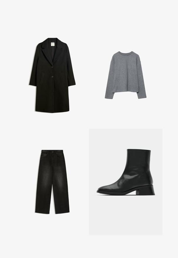 Sort frakke med reverskrave, to forlommer og knaplukning. Fremstillet af blødt stof, med en lige silhuet og knælangt design.; Grå cropped sweater lavet af blødt strikket stof, med ribbet crew-neck og lange ærmer, i en afslappet pasform og minimal detaljering.; Høj talje sorte vidde jeans med forlommer, bæltestropper og knaplukning, vist fladt på hvid baggrund.; Sort ankelstøvle lavet af blank læder, med et strømlinet design, spids tå og en moderat blokhælhøjde for stabilitet.