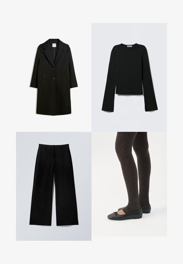 Sort frakke med reverskrave, to forlommer og knaplukning. Fremstillet af blødt stof, med en lige silhuet og knælangt design.; Sort langærmet top lavet af blødt stof. Har rund halsudskæring og flared ærmer med cropped kant. Labelen siger "WEEKDAY."; Sorte bukser med vide ben, bæltestropper, foran lynlås og sidelommer, lagt fladt ud på en lysegrå overflade.; Ben iført mørke ribbede leggings kombineret med sorte balletsko med små sløjfedetaljer på hvid baggrund.