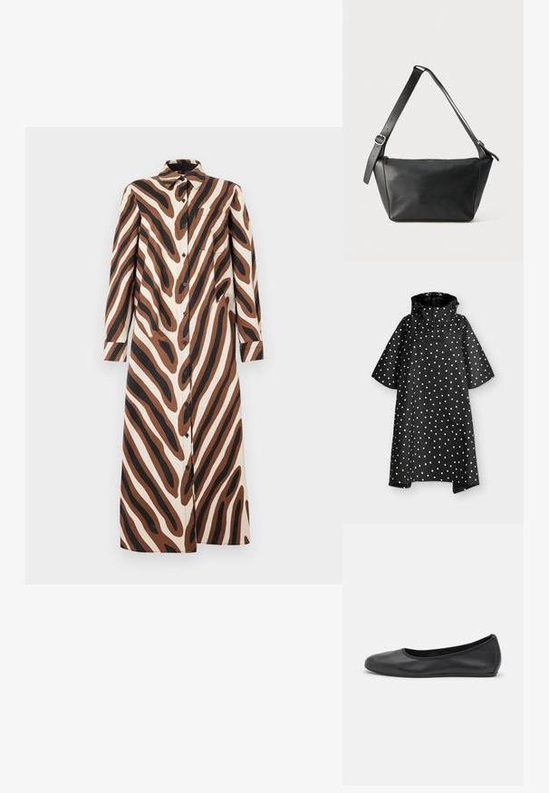 Poncho imperméable noir à pois blancs, manches larges mi-longues, capuche et rabat de poche poitrine à l'avant.; Diane von Furstenberg KARRINGTON DRESS - Robe chemise - brown; Ballerines en cuir noir avec un bout rond, texture lisse, détails de couture minimalistes et design de semelle flexible.; Sac à bandoulière en cuir noir avec une large sangle réglable et une boucle argentée, présenté sur un fond clair uni.