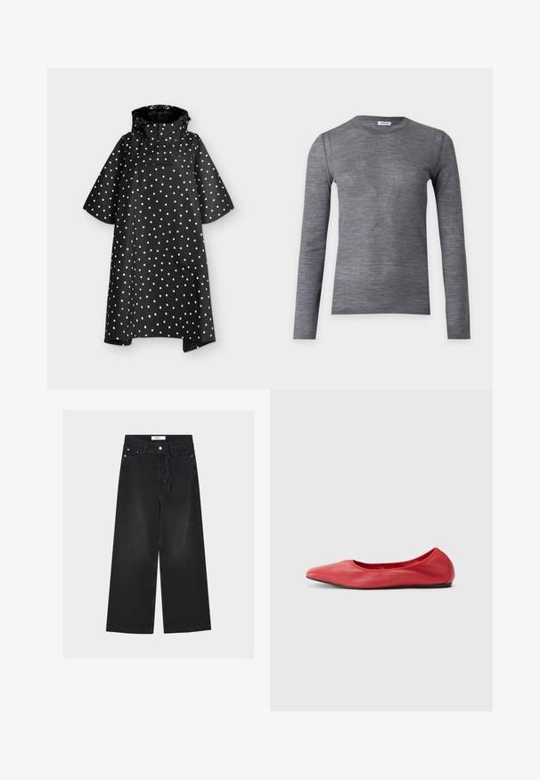 Poncho imperméable noir à pois blancs, manches larges mi-longues, capuche et rabat de poche poitrine à l'avant.; Pull gris à manches longues avec col rond, texture fine et lisse en maille et petite étiquette de marque au niveau de l'encolure.; Jean noir à jambes larges avec bouton sur le devant, taille à cordon et design cinq poches, posé à plat sur un fond clair.; Filippa K REY FLATS - Ballerines - bright red
