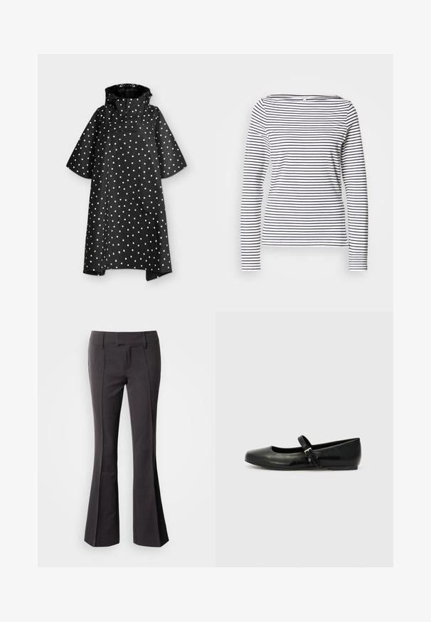 Poncho imperméable noir à pois blancs, manches larges mi-longues, capuche et rabat de poche poitrine à l'avant.; Haut à manches longues avec des rayures verticales bleu marine sur fond blanc, doté d'un col bateau et d'une silhouette ajustée. Confectionné dans un tissu doux.; Pantalons évasés gris foncé avec une texture lisse, dotés d'une taille ajustée et de coutures frontales pour une apparence sur mesure.; Ballerines en cuir noir avec un bout arrondi, une semelle plate et une fine sangle ajustable sur le cou-de-pied avec une boucle en métal.