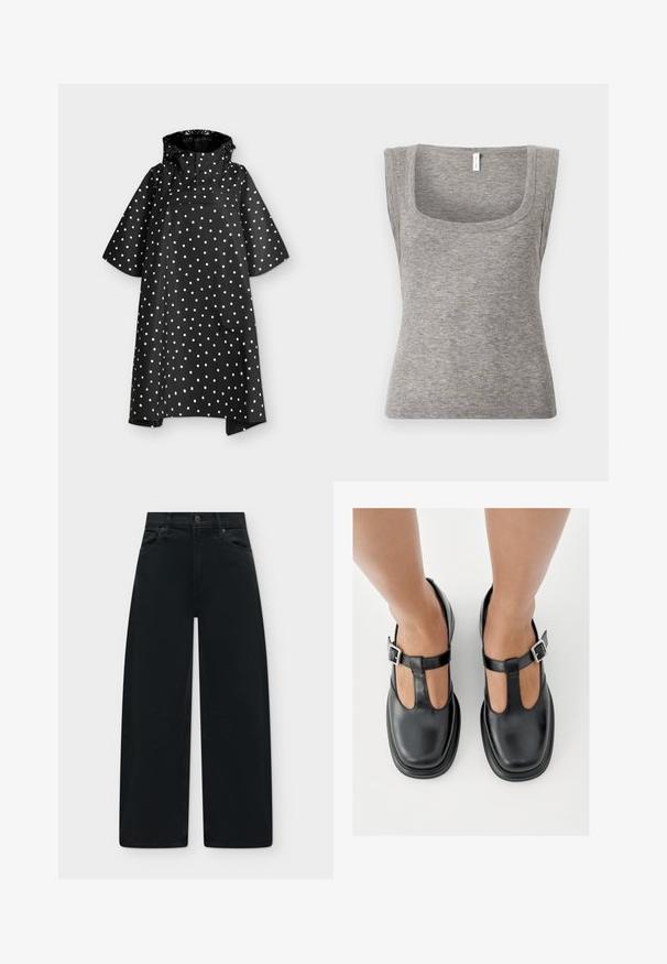Poncho imperméable noir à pois blancs, manches larges mi-longues, capuche et rabat de poche poitrine à l'avant.; Débardeur gris sans manches en maille côtelée avec un décolleté carré et une silhouette ajustée, présentant une texture lisse et une légère élasticité.; Jean noir à jambes larges avec poches avant, passants de ceinture et coutures visibles aux genoux sur un fond neutre.; Chaussures en cuir noir avec un design à bride en T, bout fermé et accents de boucles argentées. Texture lisse avec un bout arrondi et une semelle plate.
