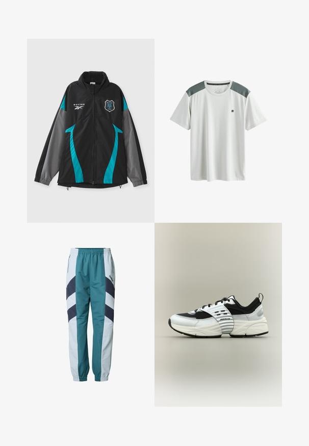 Sort jakke med teal- og grå detaljer, der har en høj krave, lynlås foran og logo-patch på brystet. Glat tekstur, sporty design.; Hvid atletisk T-shirt med korte ærmer, grå mesh skulderpaneler og lille sort logo på venstre bryst.; Turkis og lysegrå træningsbukser med chevronmønstre, elastisk talje, sidelommer og ribstrikkede manchetter ved anklerne.; Hvid og sort lavt sneakers med mesh og læderpaneler, tyk sål og ribbet midtfodsrem med teksten "Jordan" på neutral baggrund.