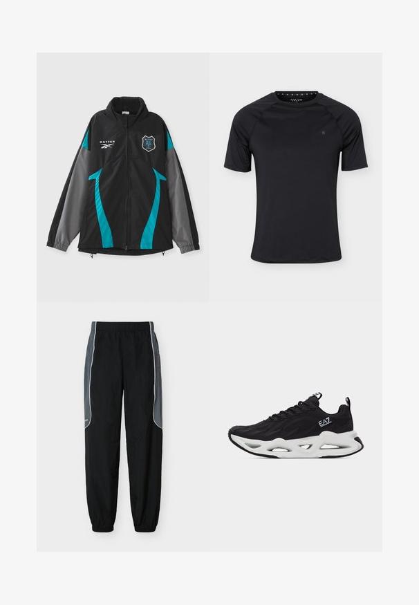 Must must vest, mille sinine ja halli aktsendiga, kõrge krae, lukuga esi- ja rinna kohal logoga. Sile tekstiil, sportlik disain.; Must sportlik lühikeste varrukatega t-särk ümmarguse kaelusega ja väike logo vasakul rinnal, esitatud lihtsal heledal taustal.; Mustad dressipüksid tumedate hallide küljetahvlitega ja valge triibuga, elastse vöökohaga ja mansettidega, valgel taustal.; Must madala lõikega toss, mille pealmine osa on tekstureeritud, valge paks tallaosa lõigatud mustritega ja EA7 Emporio Armani logo küljel.