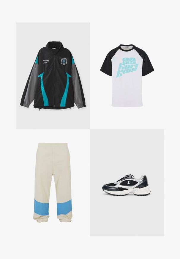 Sort jakke med teal- og grå detaljer, der har en høj krave, lynlås foran og logo-patch på brystet. Glat tekstur, sporty design.; Kortærmet raglan t-shirt med sorte ærmer og hvidt krop. Har et turkist grafisk tekstdesign på forsiden mod et glat stof.; Beige bukser med en bred blå stribe nær kanten. Lavet af blødt stof, med elastisk talje og en afslappet pasform.; Sort og sølv atletisk sneakersko med mesh og syntetisk overdel, teksturerede accenter, tykk hvid mellemsål og sort gummisål. Har logo.