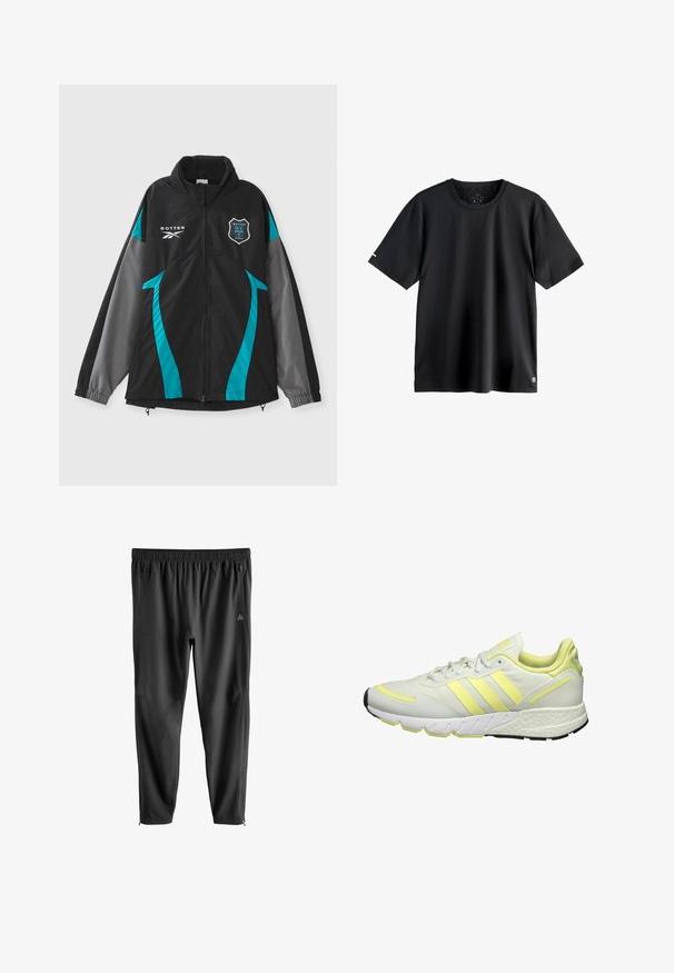 Must must vest, mille sinine ja halli aktsendiga, kõrge krae, lukuga esi- ja rinna kohal logoga. Sile tekstiil, sportlik disain.; Lihtne must lühikeste varrukatega spordisärk ümmarguse kaelusega, keskmise suurusega etikett kaeluse sees ja väike logo vasaku alumise ääre peal.; Mustad musta värvi sportlikud püksid, mis on valmistatud kergest materjalist, elastse pihaosa, külgmiste tõmblukukottide ja tõmblukkudega mansettidega.; Valged treeningjalatsid kollaste aktsentidega, millel on sile pealmine osa, tekstureeritud tallad ja külgedel kolm triipu brändinguks.