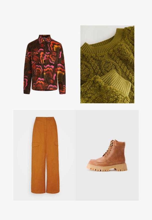Brun fleece-skjorte med et levende blomstermønster i pink, orange og gul. Har krave, to brystlommer og knaplukninger.; Olivengrønt sweater med teksturerede, hævede mønstre, ribbet halsudskæring og manchetter, blødt stof og plysset udseende.; 87Origins TROUSERS - Cargobukser - ginger; Tan læder snørebånd ankelstøvle med polstret krave og tyk, rillede gummisål på en ensfarvet lys baggrund.