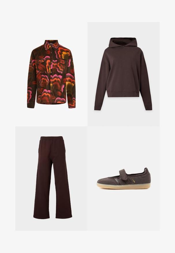 Brun fleece-skjorte med et levende blomstermønster i pink, orange og gul. Har krave, to brystlommer og knaplukninger.; Ensfarvet mørkebrun hættetrøje med lange ærmer, løs pasform og uden synlige mønstre eller logoer, vist mod en lysegrå baggrund.; Mørkebrune bukser med vide ben, elastisk talje, sidelommer og lige kant mod en ensartet lys baggrund.; Brun Adidas Samba sneaker med velcro rem, gummisål og signaturstriber med krokodillemønster på hvid baggrund.