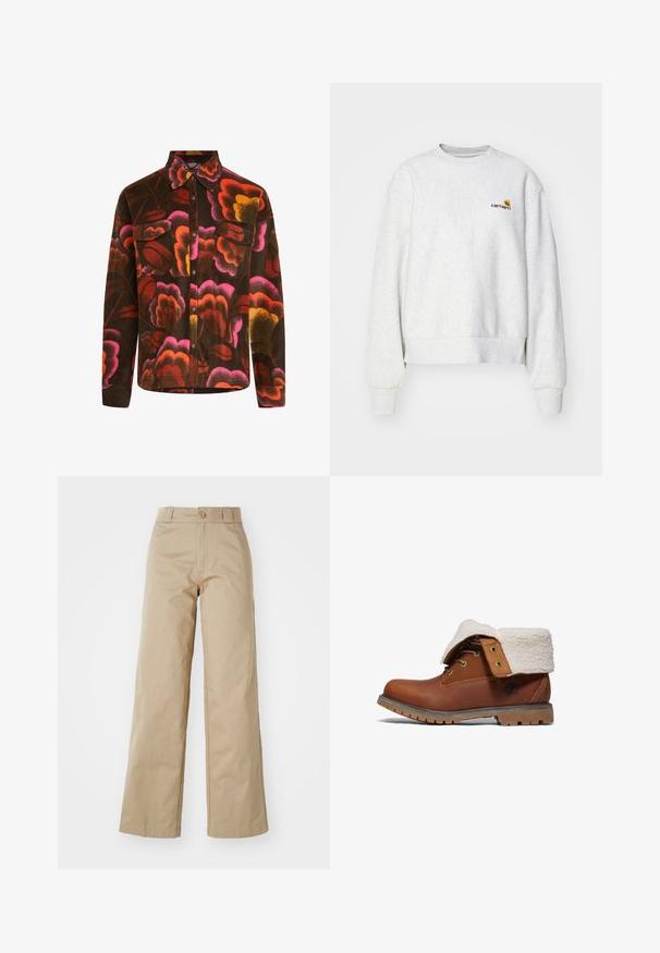 Braunes Fleece-Hemd mit lebhaftem Blumenmuster in Pink, Orange und Gelb. Mit Kragen, zwei Brusttaschen und Knopfverschlüssen.; Grauer Rundhalsausschnitt-Pullover aus weichem Material mit gerippten Bündchen und Saum; mit gesticktem Logo auf der Brust in Gelb und Kastanienbraun.; Beige weitgeschnittene Hose aus Baumwolle, mit Knopfverschluss und Gürtelschlaufen, glatt im Griff und sauber verarbeitet.; Braune Leder-Stiefeletten mit einem weichen, weißen Kunstfellrand, runder Zehenkappe, Metallösen und einer robusten Sohle mit Profillugs.