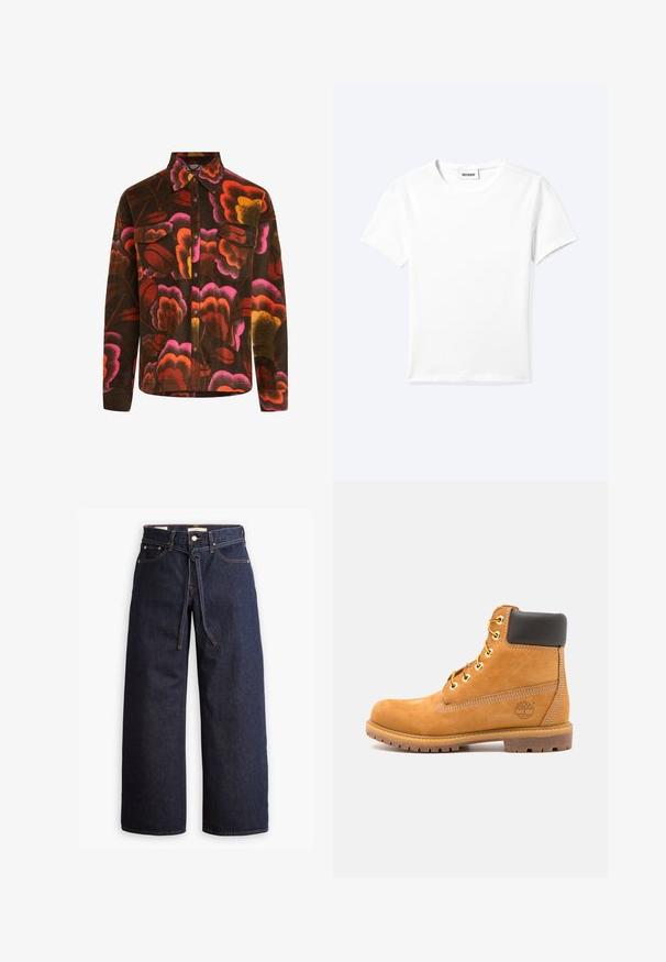 Braunes Fleece-Hemd mit lebhaftem Blumenmuster in Pink, Orange und Gelb. Mit Kragen, zwei Brusttaschen und Knopfverschlüssen.; Einfaches weißes T-Shirt mit kurzen Ärmeln und Rundhalsausschnitt sowie kleinem "WEEKDAY"-Etikett im Nacken, flach auf einem hellen Hintergrund präsentiert.; Weite, dunkelblaue Jeans aus Denim mit hoher Taille, ausgestattet mit einem Kordelzug, fünf Taschen und kontrastierenden Nähdetails.; Braune Leder-Stiefelette mit schwarzer Polsterung, goldenen Ösen und einer strukturierten Sohle. Hat ein kreisförmiges Logo an der Seite und Nähakzente.