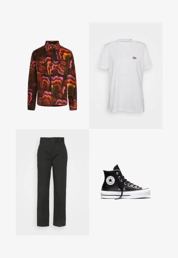 Brun fleece-skjorte med et levende blomstermønster i pink, orange og gul. Har krave, to brystlommer og knaplukninger.; Hvid bomulds t-shirt med rund hals og korte ærmer, med et lille, farverigt "Diesel" logo broderet på brystet.; Sorte bukser med lige ben, lavet af et glat stof. Livremmen har bæltestropper og ingen synlige lukninger.; Sort højtliggende Converse Chuck Taylor All Star sneaker med hvid gummisål og logo-patch på anklen, vist på en hvid baggrund.