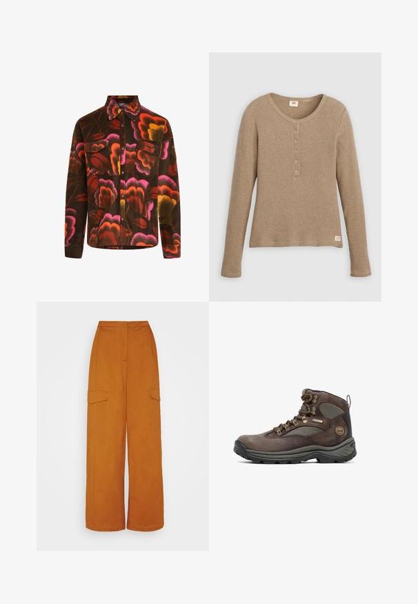 Bruine fleece shirt met een levendig bloemenpatroon in roze, oranje en geel. Heeft een gekleed kraag, twee borstzakken en knoopsluitingen.; Beige henleyshirt met lange mouwen en wafelstructuur, ronde hals en knoopsluiting met vijf knopen, plat weergegeven tegen een witte achtergrond.; 87Origins TROUSERS - Cargobroek - ginger; Bruine wandelschoen met bovenwerk van leer en mesh, rubberen zool, metalen oogjes en een merkpatch. Ontworpen voor duurzaamheid en ondersteuning.