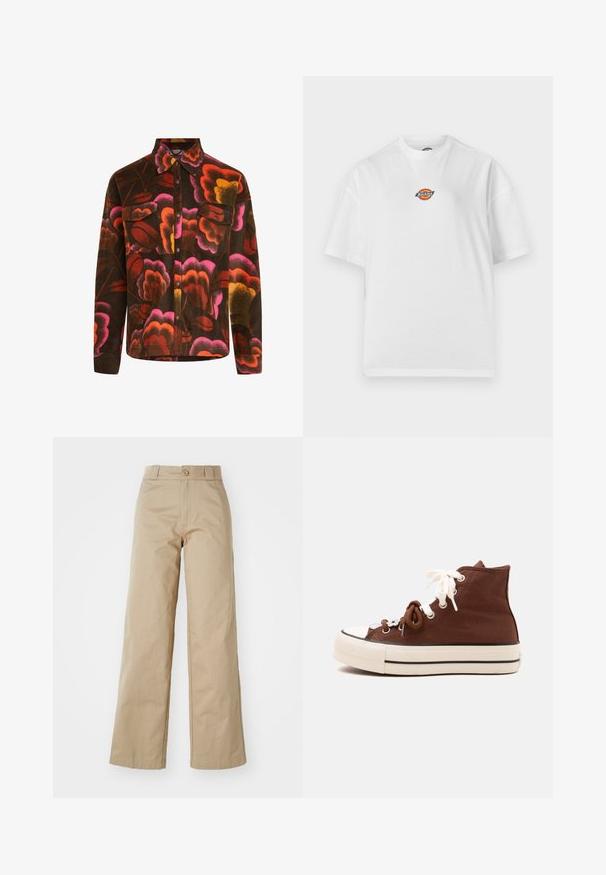 Camisa de forro marrón con un vibrante patrón floral en rosa, naranja y amarillo. Presenta un cuello tipo polo, dos bolsillos en el pecho y cierres de botones.; Camiseta blanca de manga corta con cuello redondo y un pequeño logo colorido de Dickies centrado en el pecho sobre un fondo liso.; Pantalones de pierna ancha beige hechos de algodón, con cierre de botón y lazadas para cinturón, con una textura suave y un acabado limpio.; Zapatilla marrón de lona alta con suela de goma blanca gruesa y cordones blancos, mostrada de perfil contra un fondo liso.