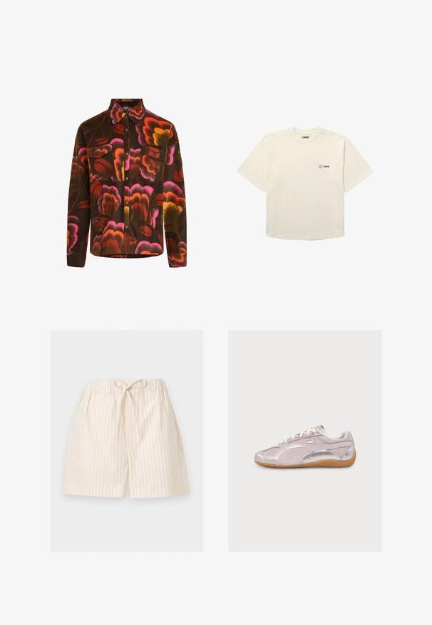 Braunes Fleece-Hemd mit lebhaftem Blumenmuster in Pink, Orange und Gelb. Mit Kragen, zwei Brusttaschen und Knopfverschlüssen.; Off-weißes T-Shirt mit kurzen Ärmeln, kleinem braunem rundem Logo und dem Schriftzug "Woodbird" auf der linken Brust, Rundhalsausschnitt.; Hellbeige Shorts mit dünnen vertikalen Streifen und einem elastischen Bund, der vorne zu einer Schleife gebunden ist, auf weißem Hintergrund dargestellt.; Hellrosa Puma-Sneaker mit weißen Schnürsenkeln, metallisch silbernen Akzenten und brauner Gummisohle, seitlich auf weißem Hintergrund gezeigt.