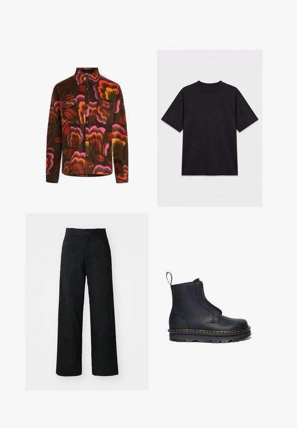 Camisa de forro marrón con un vibrante patrón floral en rosa, naranja y amarillo. Presenta un cuello tipo polo, dos bolsillos en el pecho y cierres de botones.; Camiseta negra de manga corta con cuello redondo, mostrada extendida sobre un fondo blanco, vista frontal sin logotipos ni diseños visibles.; Pantalones de pierna ancha negros con un frente plano, cierre de botón y pasadores para cinturón. Hechos de una tela duradera con una textura suave.; Botín negro de cuero hasta el tobillo con paneles laterales elásticos, punta redondeada, costuras amarillas contrastantes y suela de goma gruesa.