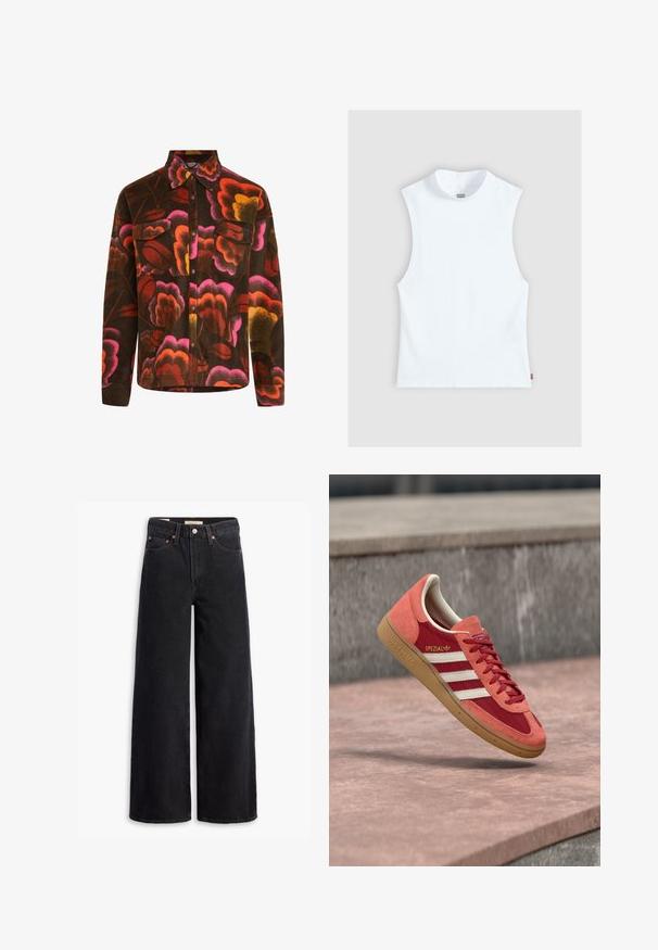 Bruine fleece shirt met een levendig bloemenpatroon in roze, oranje en geel. Heeft een gekleed kraag, twee borstzakken en knoopsluitingen.; Wit mouwloos katoenen top met hoge ronde hals en klein Levi's-label aan de zijkant, weergegeven tegen een lichtgrijze achtergrond.; Zwarte brede jeans gemaakt van denim, met vijf zakken, koperen klinknagels en een klassieke knoopsluiting. Glad van textuur met een strakke uitstraling.; Rode en oranje Adidas Spezial sneaker met witte strepen en rubberen zool die boven een betonnen oppervlak en trappen op de achtergrond zweeft.