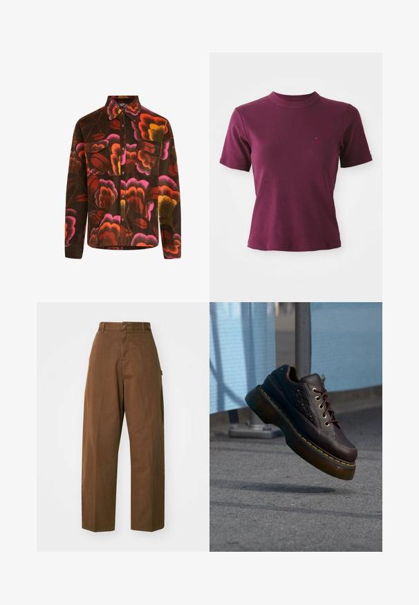 Brun fleece-skjorte med et levende blomstermønster i pink, orange og gul. Har krave, to brystlommer og knaplukninger.; Kortærmet ribbet bordeaux T-shirt med rund hals og subtilt broderet logo på venstre bryst.; Brune, brede bukser lavet af slidstærkt stof med knaplukning og sidelommer. Glat tekstur og lige snit.; Mørkebrun læderplatformsko med blomsterpatroner, gul syning og tyk gennemsigtig sål, der svæver over asfaltgaden.