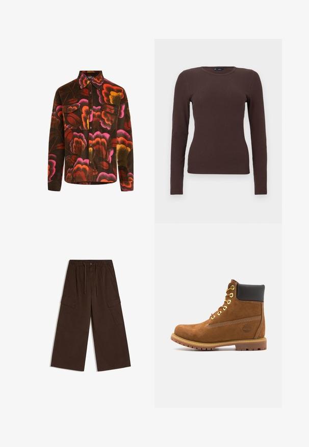 Brun fleece-skjorte med et levende blomstermønster i pink, orange og gul. Har krave, to brystlommer og knaplukninger.; Brun ribstrikket langærmet tætsiddende bluse med rund hals og et lille GAP-mærke ved halsen, vist på en hvid baggrund.; Brune cargo-bukser med vide ben, sidelommer med klap, skrå lommer foran, knaplukning, elastisk talje og snøre.; Brun ruskinds ankelstøvle med sort polstret krave, gyldne øjer, snørebånd foran og gummisål med et struktureret mønster.