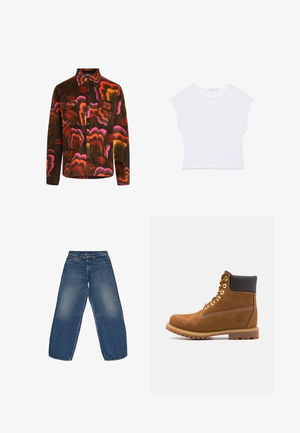 Braunes Fleece-Hemd mit lebhaftem Blumenmuster in Pink, Orange und Gelb. Mit Kragen, zwei Brusttaschen und Knopfverschlüssen.; Weißes kurzärmeliges, bauchfreies T-Shirt mit rundem Ausschnitt aus glattem Stoff, flach auf einem weißen Hintergrund liegend.; Weite Jeans aus Denim in Mittelblau, mit einer verblassten Waschung, klassischem Fünf-Taschen-Design und robusten Nähten an den Säumen.; Braune Wildleder-Stiefelette mit schwarzem gepolstertem Kragen, goldenen Ösen, Schnürung an der Vorderseite und Gummisohle mit strukturiertem Muster.