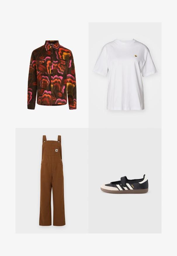Camisa de forro marrón con un vibrante patrón floral en rosa, naranja y amarillo. Presenta un cuello tipo polo, dos bolsillos en el pecho y cierres de botones.; Camisa de algodón blanca con corte relajado, mangas cortas y un pequeño logotipo bordado en el área del pecho izquierdo.; Mono marrón de pernera ancha con tirantes ajustables, bolsillo en el pecho con el logotipo de la marca y botones de presión laterales.; Zapatilla negra y beige con una correa de velcro, tres rayas blancas en el lateral y una suela de goma marrón texturizada. Logotipo de la marca visible.
