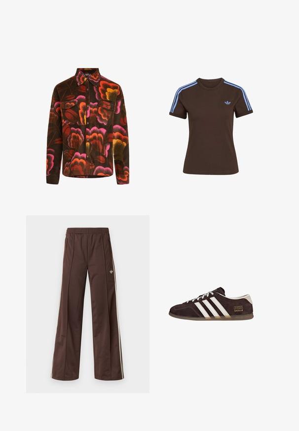 Braunes Fleece-Hemd mit lebhaftem Blumenmuster in Pink, Orange und Gelb. Mit Kragen, zwei Brusttaschen und Knopfverschlüssen.; Braunes Kurzarm-T-Shirt mit hellblauen drei Streifen auf den Schultern und kleinem hellblauem Adidas-Logo auf der linken Brust.; Braune Sporthose mit weitem Bein, weißen Seitenstreifen, elastischem Bund und zwei Seitentaschen. Mit kleinem Logo am Bein.; Braune Wildleder-Sneaker mit drei weißen Streifen, Gummisohle und Textlabel "Gazelle" in Gold. Schnürdesign mit grauen Schnürsenkeln.