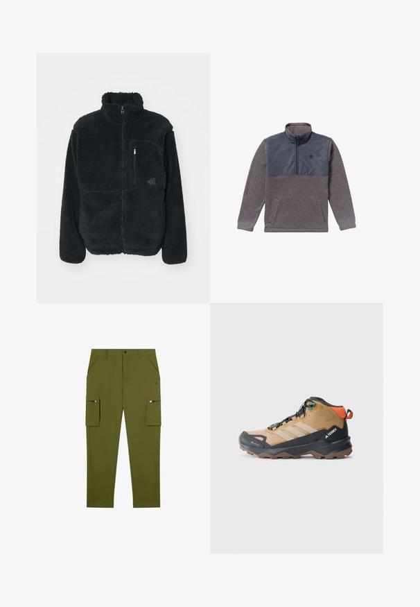 Schwarze Fleecejacke mit hohem Kragen, durchgehendem Reißverschluss und einer Brusttasche. Verfügt über eine strukturierte, weiche Oberfläche und ein Logo auf der Tasche.; Grauer Herren-Fleecepullover mit langen Ärmeln, marineblauem Nylon-Brustpaneel und Viertel-Reißverschluss am Kragen, mit zwei Fronttaschen.; Olivgrüne Cargo-Shorts mit geradem Schnitt, aus leichtem Material; mit seitlichen Taschen mit Reißverschlüssen und schrägen Vordertaschen.; Braune und schwarze Wanderschuhe mit Netzpaneelen, drei weißen Streifen, einer verstärkten Zehenkappe und einer strukturierten Gummisohle für Grip.