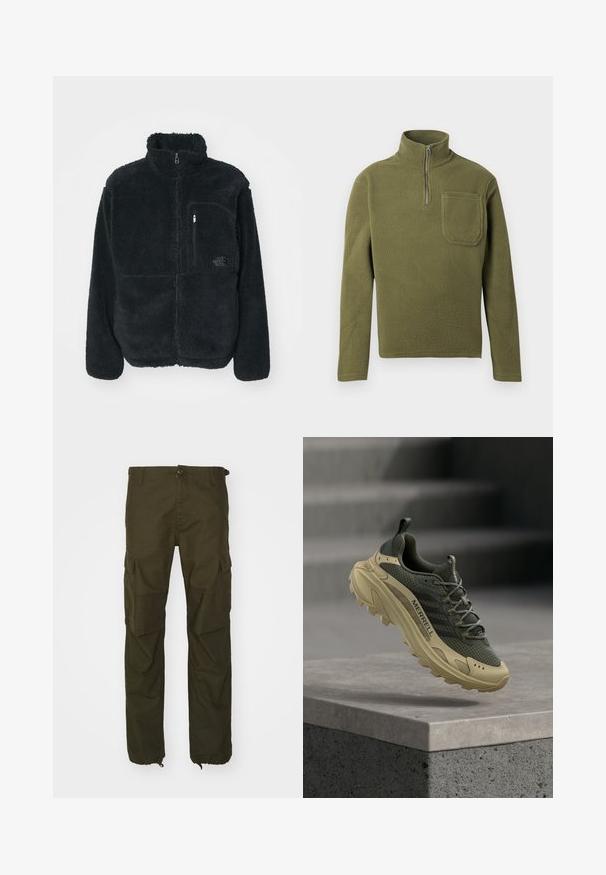Schwarze Fleecejacke mit hohem Kragen, durchgehendem Reißverschluss und einer Brusttasche. Verfügt über eine strukturierte, weiche Oberfläche und ein Logo auf der Tasche.; Olivgrüner Fleece-Pullover mit halbseitigem Reißverschlusskragen, langen Ärmeln und einer Brusttasche. Weiche Textur mit strapazierfähigem Design.; Olivgrüne Cargo-Hosen aus strapazierfähigem Stoff, mit einem Knopfverschluss, mehreren Seitentaschen und elastischen Bündchen an den Knöcheln.; Outdoor-Laufschuh mit beiger Sohle und dunkelgrünem Mesh-Obermaterial, der über einer Betonkante schwebt, mit der Aufschrift "Merrell" an der Seite.