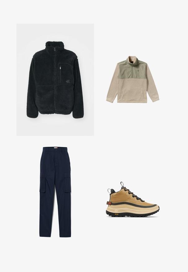 Sort fleecejakke med høj krave, fuld frontlynlås og brystlomme. Har en tekstureret, blød overflade og logo på lommen.; Fleece pullover i beige og olivengrøn med halvlukket design, høj krave og to sidelommer. Glat tekstur på det øverste panel.; Marine cargo bukser lavet af blødt stof, med to sidelommer og to store cargolommer på lårene, lige ben design.; Tanfarvet højt snøresko med tekstureret finish, markant sort ydersål og orange accenter. Har snøresystem og polstret krave for støtte.