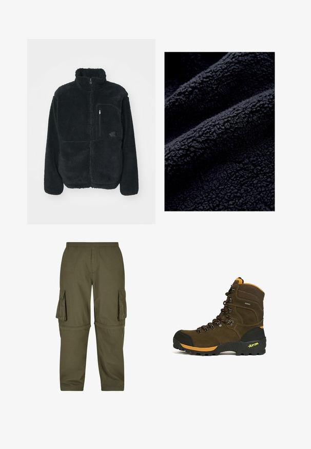 Schwarze Fleecejacke mit hohem Kragen, durchgehendem Reißverschluss und einer Brusttasche. Verfügt über eine strukturierte, weiche Oberfläche und ein Logo auf der Tasche.; Dunkelmarineblau, plüschiger Stoff mit einer weichen, strukturierten Oberfläche, die ein wellenförmiges Muster aufweist. Das Material wirkt dick und gemütlich.; Olivgrüne Cargo-Hosen aus leichtem Material, mit mehreren Seitentaschen, einem elastischen Bund und einem geraden Schnitt.; Brauner hoher Wanderschuh mit schwarzer Zehenkappe, orangen Akzenten, robuster Vibram-Sohle und schwarz-orangen Schnürsenkeln.