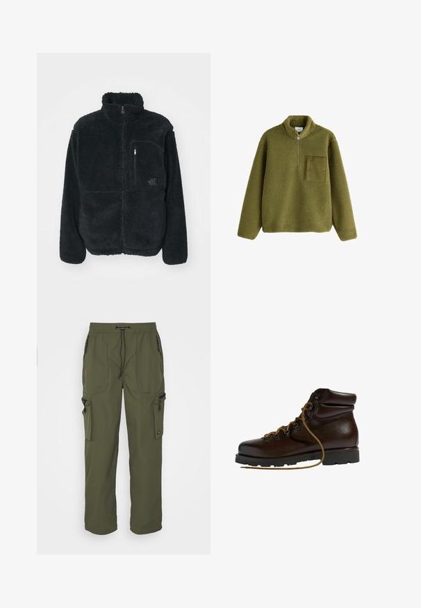 Sort fleecejakke med høj krave, fuld frontlynlås og brystlomme. Har en tekstureret, blød overflade og logo på lommen.; Olivengrøn fleece pullover med lange ærmer, halv lynlås foran, ståkrave og tekstureret firkantet brystlomme på venstre side.; Oliven grøn cargo bukser lavet af let materiale, med elastisk talje, snorelukning og flere lynlåslommer.; Brun læder vandrestøvle med en afrundet tå, tekstureret overflade, gule snørebånd og metaløjer. Har en robust sort gummisål.