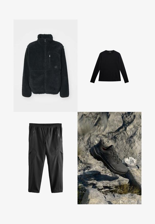Schwarze Fleecejacke mit hohem Kragen, durchgehendem Reißverschluss und einer Brusttasche. Verfügt über eine strukturierte, weiche Oberfläche und ein Logo auf der Tasche.; Schwarzes Langarm-T-Shirt aus glattem Stoff, mit Rundhalsausschnitt und einem dezenten Logo auf der Vorderseite, in lockerer Passform.; Schwarze, kurz geschnittene Hose mit einem elastischen Bund, zwei seitlichen Reißverschlusstaschen und kantigen Seitendetails. Hergestellt aus leichtem, glattem Stoff.; Schwarzer Trailrunning-Schuh mit einer strukturierten Oberseite, ausgestattet mit einer gepolsterten Sohle, verstärktem Zehenschutz und dezentem Branding an der Seite.