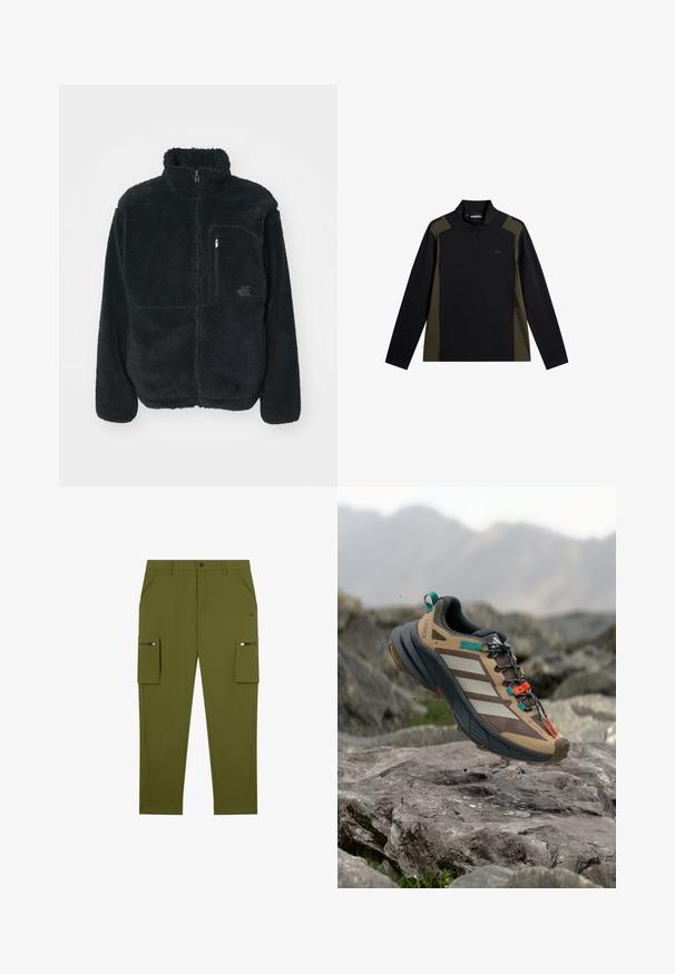 Schwarze Fleecejacke mit hohem Kragen, durchgehendem Reißverschluss und einer Brusttasche. Verfügt über eine strukturierte, weiche Oberfläche und ein Logo auf der Tasche.; Langärmliger Pullover in Schwarz und Olivgrün mit einem kurzen Frontreißverschluss und kleinem Logo auf der Brust.; Olivgrüne Cargo-Shorts mit geradem Schnitt, aus leichtem Material; mit seitlichen Taschen mit Reißverschlüssen und schrägen Vordertaschen.; Brauner und grauer Sportschuh mit weißen Streifen, orangefarbenen und türkisfarbenen Akzenten, strukturiertem Mesh-Material und robuster Sohle für besseren Halt.